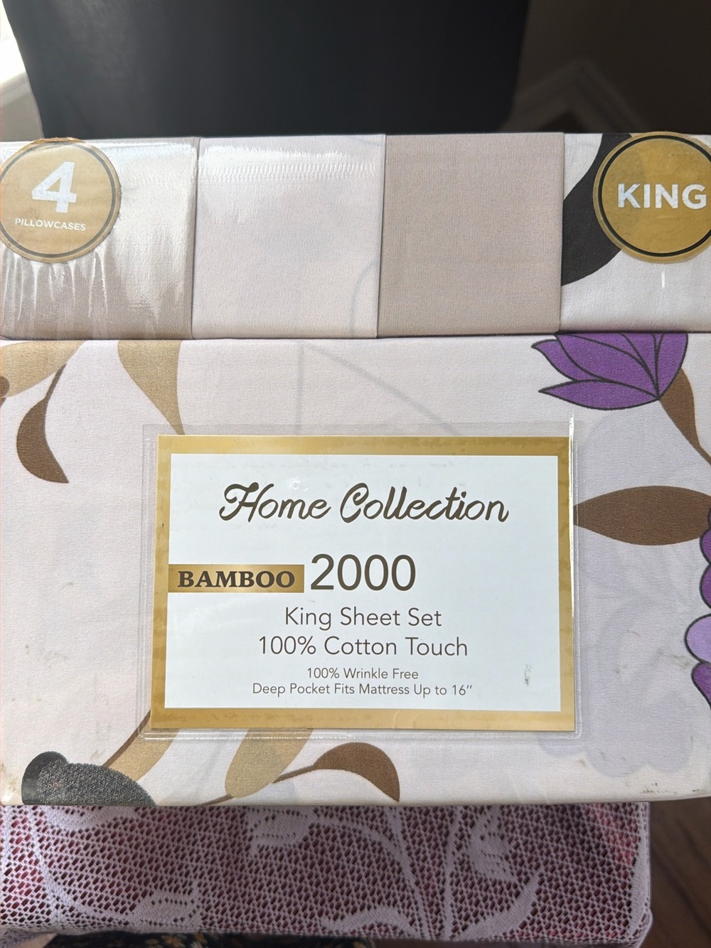 Home Collection King Sheet Set - Cream & Purple Floral Accents